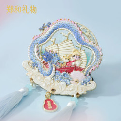 赋闲 郑和下西洋宝船载福文化创意冰箱贴磁吸流沙新款金属浮雕罗盘旋转 龙腾四海金属流沙冰箱贴