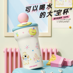 波点保温杯女生高颜值2025新款大容量陶瓷内胆学生便携吸管水杯子