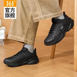 361° 男鞋2026冬季新款皮面防水轻便运动鞋男款防护软底百搭休闲跑步鞋 曜石黑 41