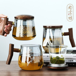 尚言坊 烟灰色胡桃木耐热玻璃金银烧T把网红泡茶杯