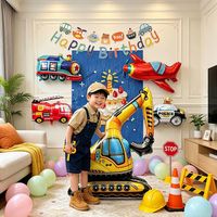 寻年味 男孩生日氛围感布置火车飞机消防车气球拉旗油画蛋糕挂布周岁宴会