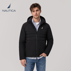 NAUTICA 棉服男2026冬季保暖防风连帽外套纯色简约轻薄款百搭男士休闲上衣 黑色 M