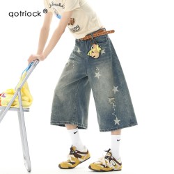 QOTRIOCK 复古水洗星星印花牛仔短裤男女夏季潮做旧磨破七分裤宽松休闲中裤