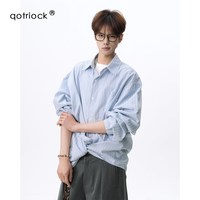 移动端：QOTRIOCK 韩系海盐蓝条纹长袖衬衫男女秋季潮牌宽松慵懒感衬衣通勤休闲外套