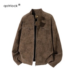 QOTRIOCK 美式机车风立领扎染工装夹克棉服男款秋季潮牌宽松皮衣情侣棒球服