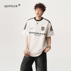 QOTRIOCK 美式街头三条杠短袖男女2026夏季宽松圆领T恤青少年重磅运动体恤