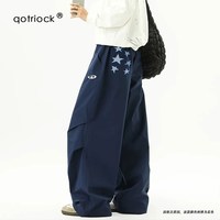移动端：QOTRIOCK 美式星星贴布褶皱伞兵休闲裤男女秋季宽松阔腿冲锋裤直筒运动长裤