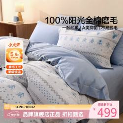 水星家纺 A类抑菌全棉磨毛四件套纯棉秋冬保暖床单枕套被罩套件 费尔岛·芙鹿磨毛四件套1.2米床