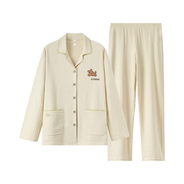 芬腾 FJ26931652 纯棉长袖长裤 浅杏 L 家居服套装