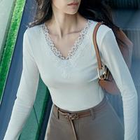 安莉芳 蕾丝花边v领打底上衣桑蚕丝暖肤衣蕾丝打底衫女内搭春秋