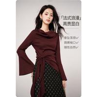 晚白 法式优雅荡领喇叭袖T恤女2026秋新款设计感侧系带收腰上衣