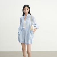 迪赛尼斯 新中式提花气质套装秋松弛衬衫短裤显瘦两件套女