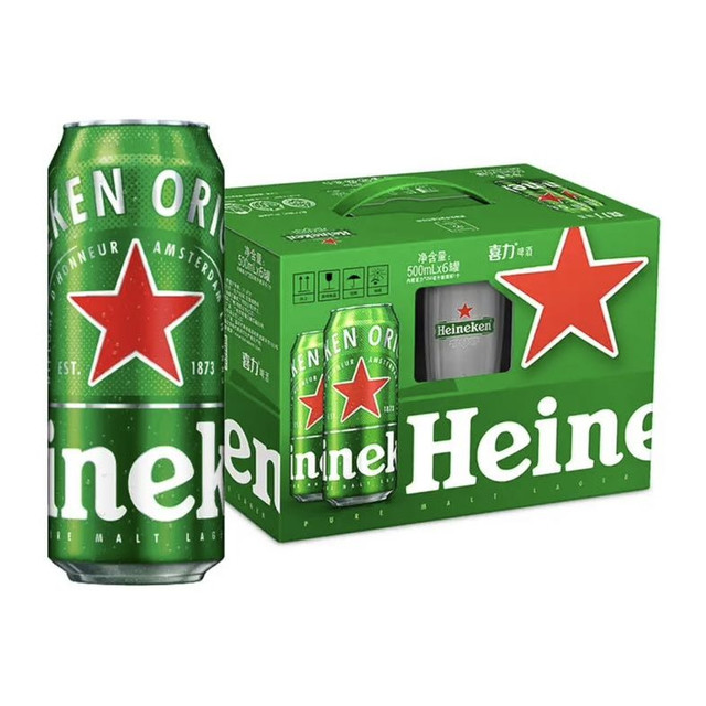 宅家食光：喜力 经典啤酒 500ml*6听礼盒+1杯子
