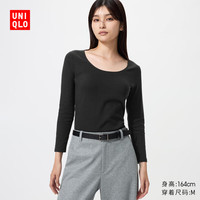 优衣库 HEATTECH棉混纺U领T恤/8分袖女装保暖衣秋衣内衣485829 09 黑色 M