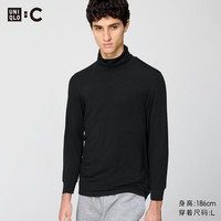 优衣库 HEATTECH EXTRA WARM混纺两翻领T恤/9分袖男装9%羊绒481442 487484/09黑色 M