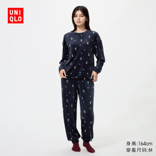 慵懒时光：优衣库 高弹力柔软印花休闲套装/长袖长裤女装起居服睡衣491144 69 藏青色 L