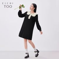 爱居兔 年春季新品经典黑白撞色花瓣领设计长袖连衣裙