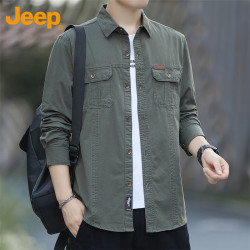Jeep 衬衫男士春秋季工装外套长袖衬衣宽松休闲衣服男装 军绿 XL