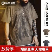 马登 工装美式复古满印花T恤纯棉重磅棕色印第安vintage短袖男 木咖色 L