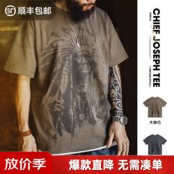 马登 工装美式复古满印花T恤纯棉重磅棕色印第安vintage短袖男 木咖色 L
