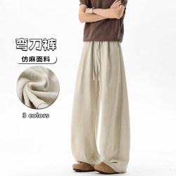 月伊纺 夏季新款男士宽松薄款直筒休闲裤子青年长裤老钱风拼接仿麻弯刀裤 咖色 M