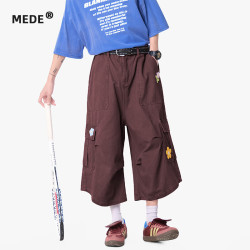 美式街头刺绣七分裤男夏季宽松多口袋情侣休闲阔腿裤 酒红色 2XL