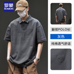 罗蒙 美式复古纯棉短袖t恤男士夏季重磅休闲百搭POLO衫 灰色    5XL