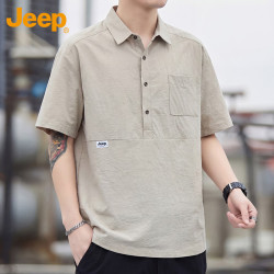 Jeep 短袖T恤男士夏季冰丝POLO衫潮牌翻领宽松上衣男装浅杏色XL