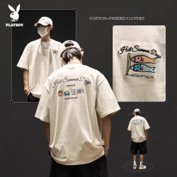 PLAYBOY 休闲短袖t恤男款夏季新款日系刺绣圆领纯棉宽松衣服潮流港风上衣