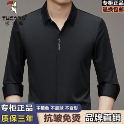 啄木鸟 高档桑蚕丝长袖衬衫男士春秋薄款时尚抗皱高弹无痕商务休闲衬衣 啄暗扣长袖B1-黑色