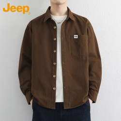 Jeep 长袖衬衫男春秋季纯棉百搭外套休闲上衣男装 咖啡 XL
