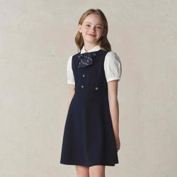 E-LAND KIDS 衣恋童装女童连衣裙年夏季学院风裙子蝴蝶结拼色短袖裙