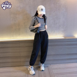 小马宝莉 儿童裤子男女童卫裤秋季运动裤百搭休闲长裤童装2026新款休闲裤 笑脸卫裤-黑色