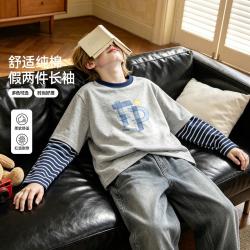 Five Plus 男童长袖T恤2026春秋季男大童假两件条纹上衣儿童秋装衣服薄