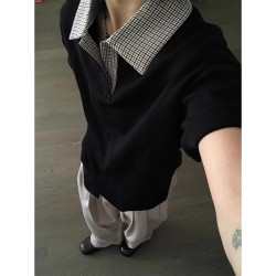 7家优品 美式翻领千鸟格拼接polo衫男士新款夏季短袖t恤7Y16 黑色 XL