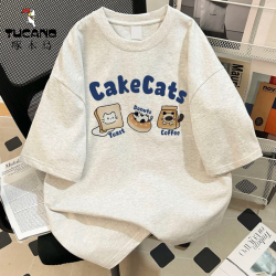 啄木鸟 短袖t恤男女夏季美式复古面包牛奶字母情侣宽松上衣ins潮半袖 白灰色
