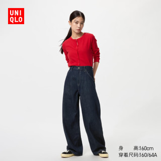 优衣库 宽松廓形牛仔裤/偏短款女装男装/弯刀镰刀裤484808 69 藏青色 36 /175/90B