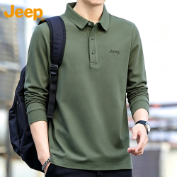 Jeep 长袖T恤男士polo打底衫春秋季宽松纯色上衣男装 军绿  2XL