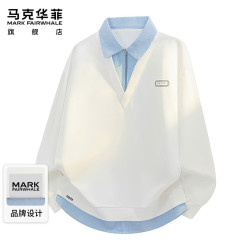 马克华菲 学院风衬衫领卫衣男春秋季休闲舒适假两件长袖t恤男外套 白色 L