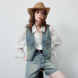 初语 26秋季海盐蓝铆钉纯棉马夹女短款修身牛仔马甲外套