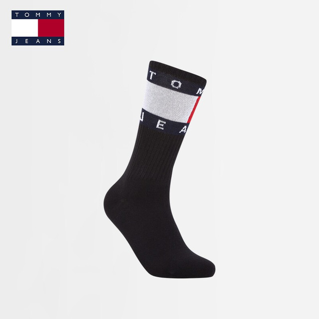 TOMMY HILFIGER Tommy男装美式潮流拼色旗标字母提花舒适微弹休闲运动中筒袜子