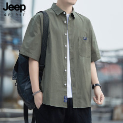 JEEP SPIRIT 吉普男春夏薄款短袖衬衫时尚休闲衬衫外套深绿色3XL