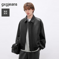 gxgjeans 男装简约宽松翻领真皮皮衣夹克外套26春新品 黑色 175/L