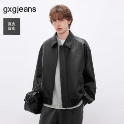 gxgjeans 男装简约宽松翻领真皮皮衣夹克外套26春新品 黑色 175/L