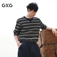 GXG 男装微廓长袖针织假两件双领口条纹长袖T恤 黑条纹 175/L