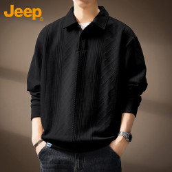 Jeep 卫衣男春秋季Polo休闲衫翻领长袖T恤男士重磅衣服男装黑色3XL