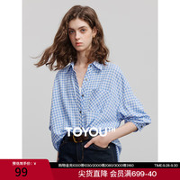 初语 棉感格纹长袖衬衫女2025春季复古衬衣翻领上衣薄款外套 蓝白格 M