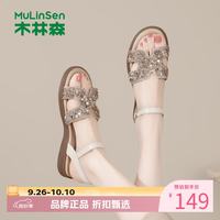 木林森 女鞋水钻坡跟凉鞋 夏季一字扣带凉鞋时尚通勤百搭软底女士凉鞋子