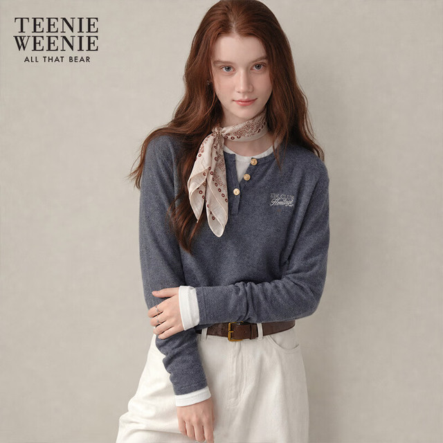 TEENIE WEENIE 小熊女装毛针织衫25秋款假两件撞色毛衣 灰色 M