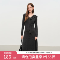 范思蓝恩 法式设计感披肩V领连衣裙2025秋冬修身显瘦A字裙针织裙女 碳灰色 M